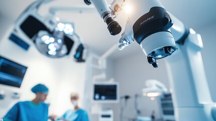 Leinwandbilder - A robotic surgeon performing remote surgery on a patient in a rural medical clinic, medical and rural setting with telemedicine equipment and surgical precision