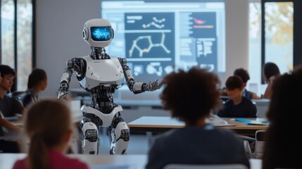 Poster - A robotic teacher conducting interactive language lessons in a multicultural classroom of the future, educational and diverse setting with holographic language learning aids and student diversity