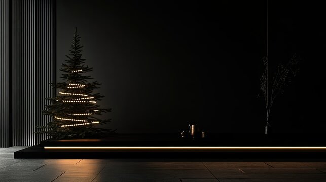 A sleek black background with the outline of a Christmas tree softly lit by golden lights, creating a peaceful holiday mood.
