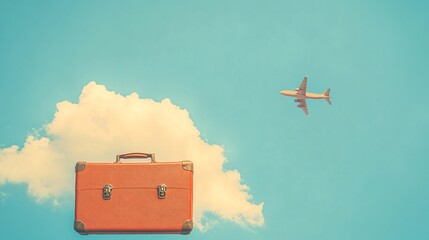 2410_270.a suitcase cloud and a flying airplane against a bright, clear sky, conceptual travel imagery for world tourism day, minimalist design, soft cloud texture, clean blue gradient, representing