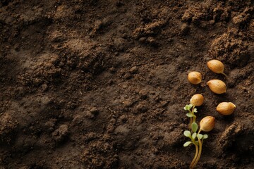 Aufkleber - Seeds and fresh green sprouts lie gently on a dark soil surface, highlighting the early stages of plant life and growth potential. Generative AI