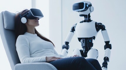 Poster - A robotic therapist conducting virtual reality therapy sessions for PTSD patients, therapeutic and supportive setting with VR headsets and calming environments, PTSD Therapy Robotics style