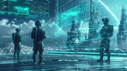Poster - Soldiers wearing camouflage uniforms and virtual reality headsets are using futuristic holographic technology to plan military strategy in a technologically advanced setting