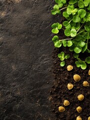 Aufkleber - Freshly sown seeds are nestled in rich, dark soil accompanied by vibrant green sprouts, indicating new growth and potential. Generative AI