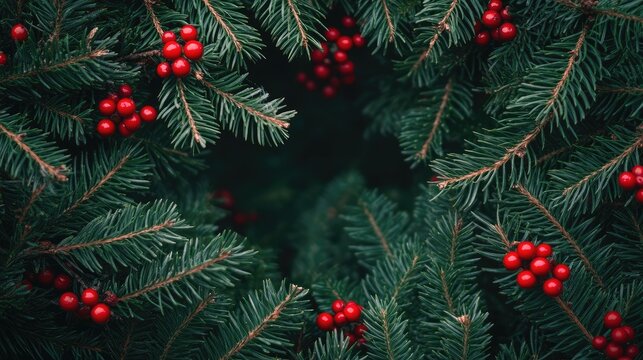 Christmas-themed border of holly and pine branches with red berries, framing an empty center for text.