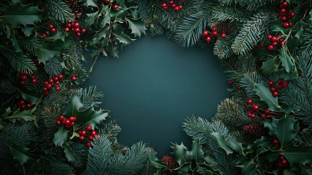 Christmas-themed border of holly and pine branches with red berries, framing an empty center for text.