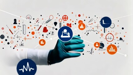 Poster - A hand is holding a glove with a bunch of medical symbols and numbers. Concept of a medical professional or a scientist working with various medical tools and equipment. Scene is serious and focused