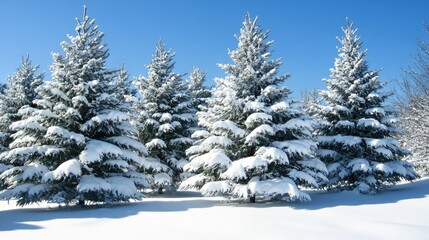 Canvas Print - Snow-Covered Evergreen Trees Standing Majestically in Winter Wonderland Under Clear Blue Sky with Soft White Snow Blanketing the Ground