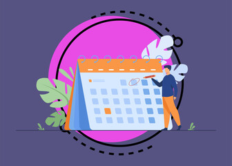 Poster - Businessman planning events, deadlines and agenda. Calendar, schedule, organization process flat vector illustration. Time management concept for banner, website design or landing web page