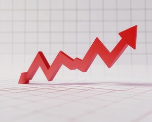 Poster - Red Graph Illustration Showing Rising Trend with Arrow on Grid Background, Symbolizing Growth, Success, and Positive Data in Business and Finance Analysis