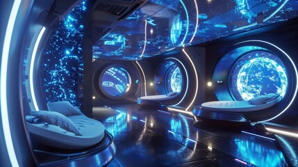 Poster - futuristic spaceship or space station bedrooms are showing planet earth and galaxy through round win
