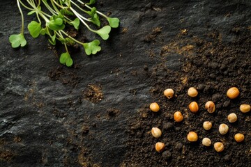 Poster - Fresh green sprouts grow among seeds scattered on the dark soil, illustrating the beginning of new life in a garden. Generative AI