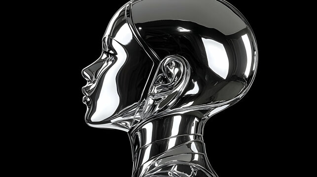 A 3D Rendered Silver Metallic Humanoid Head Turned to the Side Against a Black Background