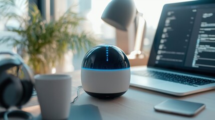 Poster - A sophisticated AI-driven real-time language translation device, modern communication setup with advanced translation tools and multilingual interfaces, Communication style