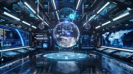 Poster - futuristic command center uses holographic displays and advanced technology for planet earth monitor