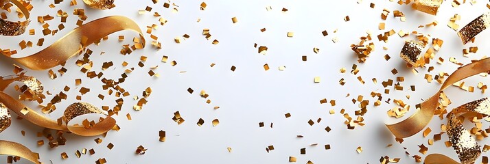 Poster - Stylish New Year 2025 Banner with Golden Confetti Rain and Ribbons on Clean White Background  Elegant and Modern Design Template with Copy Space for Greeting Cards Advertising and Branding