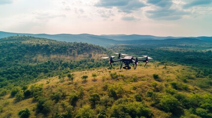 Poster - A sophisticated AI-powered autonomous drone for precision aerial surveying, clean landscape with drones designed for capturing detailed topographic and land use data, Aerial Surveying style