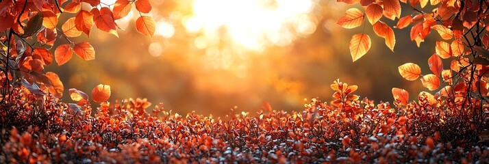 Poster - Captivating Autumn Forest Landscape with Warm Sunlight Filtering Through the Vibrant Leaves Offering Ample Copy Space for Text or Design Elements