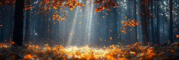 Poster - Breathtaking autumn forest scene with vibrant colorful leaves and sunlight filtering through the trees creating a serene and peaceful atmosphere with ample copy space for text overlay