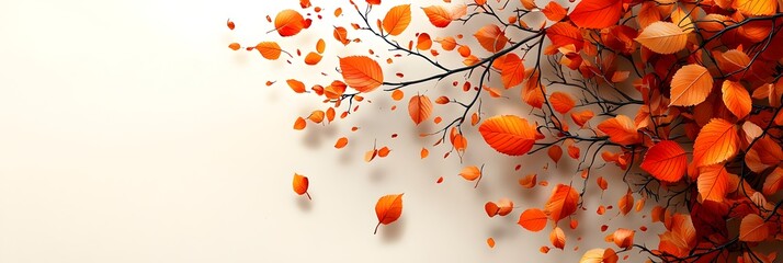 Poster - Minimalist autumn landscape featuring gracefully falling leaves against a clean isolated background with ample copy space and a soft serene color palette