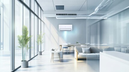 Aufkleber - A sophisticated AI-powered smart climate control system for commercial buildings, modern office environment with integrated technology for optimizing heating, cooling