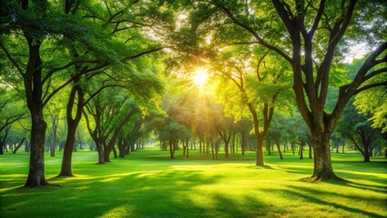 Canvas Print - Blur green park with sunlight streaming through trees, creating a peaceful and abstract background , nature, park, green