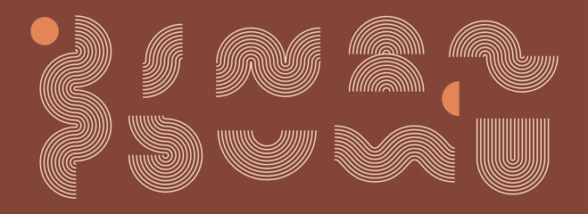 Poster - Boho linear element collection. Terracotta wave and arc forms design. Mid century curves and arches set. Bohemian decorative ornamental shape bundle for badge, icon, poster, banner, template. Vector