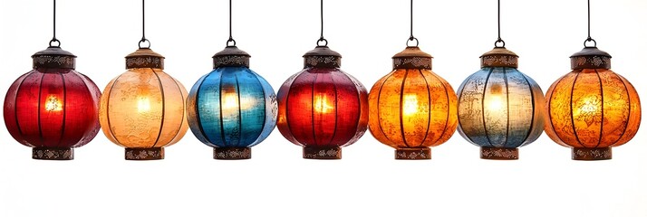 Poster - Colorful and traditional hanging Diwali lanterns floating against a plain white background creating a festive atmosphere with vibrant lighting and design elements