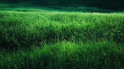 Poster - A vibrant green meadow showcases tall grasses and healthy soybeans, reflecting the beauty of nature in a peaceful rural area. Generative AI