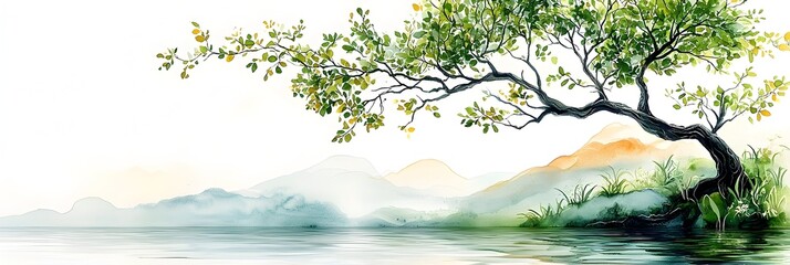 Poster - Peaceful and tranquil image of a Bodhi tree with lush green leaves against a clean minimalist background  This serene and nature inspired scene provides ample copyspace for spiritual wellness