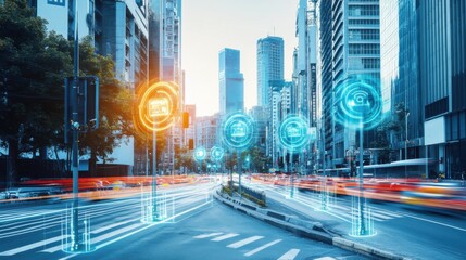 Poster - A sophisticated AI-powered smart traffic signal system, modern city streets with advanced traffic management interfaces and real-time signal optimization, Urban style
