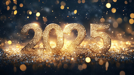Wall Mural - 2025 happy new year abstract shiny gold glitter wave with bokeh design element