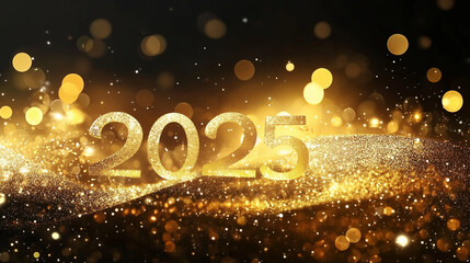 Wall Mural - 2025 happy new year abstract shiny gold glitter wave with bokeh design element