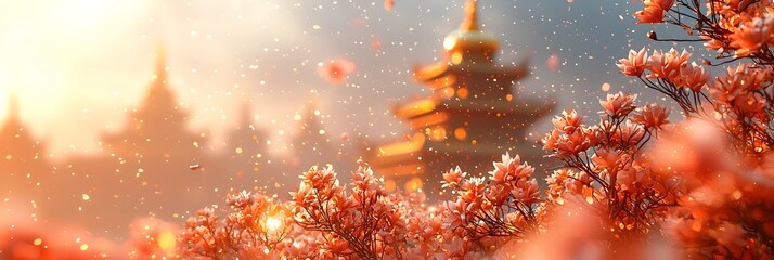 Poster - Serene and tranquil Buddhist temple landscape featuring a majestic golden stupa against a bright clear sky background with ample copy space for spiritual religious or cultural design elements