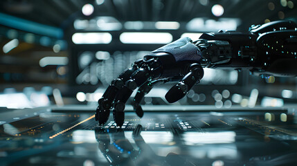 Poster - modern robotic hand is placed on a table in a light black and electronic environment exuding a sense of futuristic technology, artificial intelligence, industry technology concept