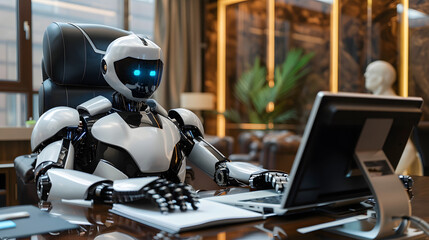 Aufkleber - robot businessman with a sharp business suit sits confidently at an executive desk in a luxurious of
