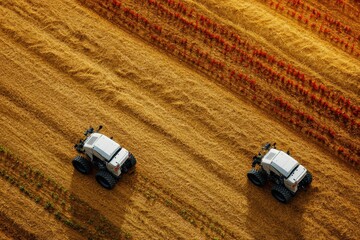 Aufkleber - Robotic machines are actively planting and harvesting crops across a wide agricultural field, showcasing modern farming technology. Generative AI