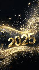 Wall Mural - 2025 happy new year abstract shiny gold glitter wave with bokeh design element