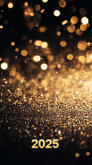Wall Mural - 2025 happy new year abstract shiny gold glitter wave with bokeh design element