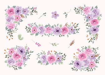 Wall Mural - delicate purple pink floral bouquet watercolor collection