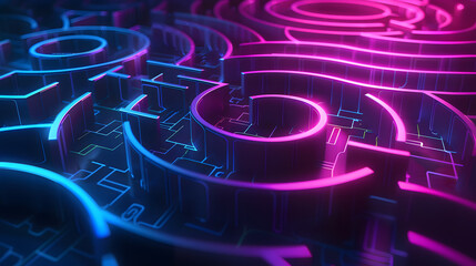 Poster - Abstract futuristic holographic circle maze interface concept background for technology, cybersecurity or business presentation. Dark tone with neon purple and blue color with cop