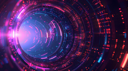 Poster - Abstract futuristic holographic circle maze interface concept background for technology, cybersecurity or business presentation. Dark tone with neon purple and blue color with copy