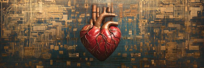 Aufkleber - The artwork presents a human heart enveloped by complex digital code, symbolizing the fusion of technology and human life. Generative AI