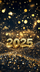 Wall Mural - 2025 Happy New Year Abstract shiny Gold glitter wave with Bokeh design element