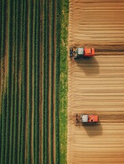 Aufkleber - Robotic machines are actively working in a large farm, planting and harvesting crops under clear blue skies. Generative AI