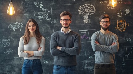 Canvas Print - A group of three individuals stands confidently against a chalkboard filled with sketches and ideas, embodying creativity and teamwork in a modern workspace.