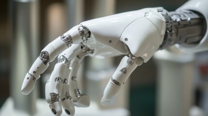 Poster - An extreme close-up of a humanoid robot hand grasping an object, showcasing dexterity and fine motor skills, Robotics technology style