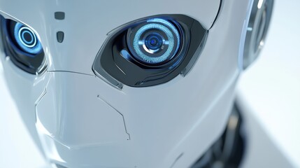 Poster - An extreme close-up of a humanoid robot's facial recognition camera system, demonstrating advanced biometric identification capabilities, Robotics technology style