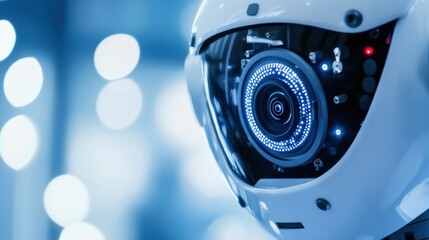 Aufkleber - An extreme close-up of a humanoid robot's facial recognition camera, demonstrating biometric identification and security features, Robotics technology style