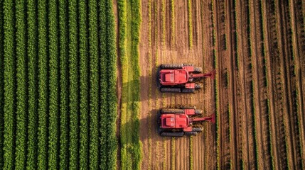 Aufkleber - Robotic machines operate diligently in a farm environment, planting and harvesting crops across well-defined rows in daylight. Generative AI